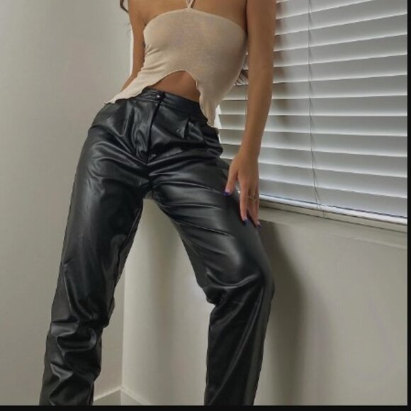 Princess Polly Love Club Pants Black Size 4 High Waist Darting Seams Vegan - Picture 2 of 14